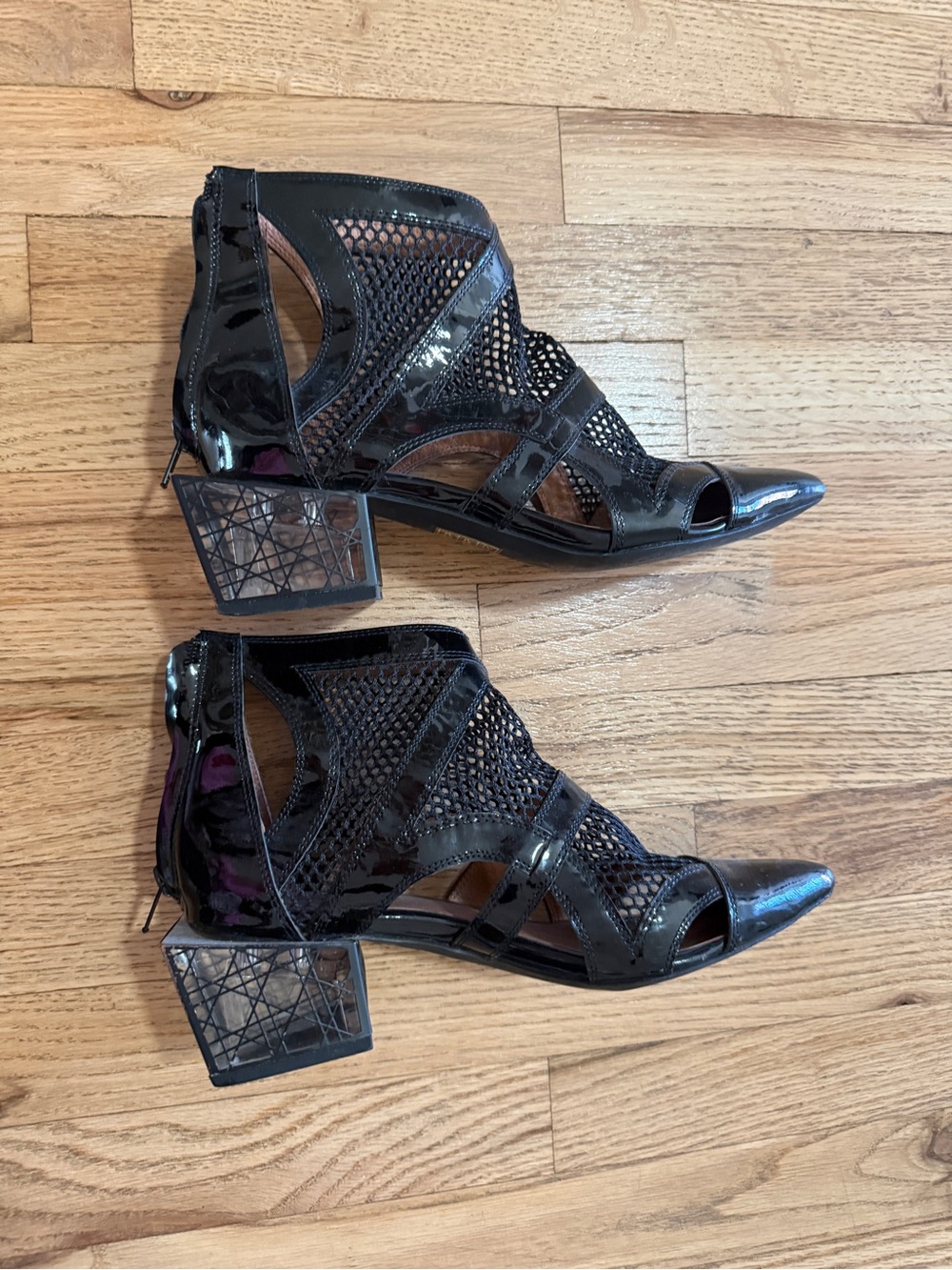 Jeffrey Campbell Black Patent Mesh Cutout Peep-Toe Block Heels